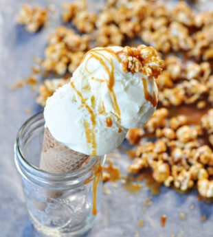 Popcorn Ice Cream with Salted Butter Caramel Sauce