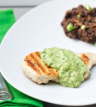Grilled Chicken with Creamy Green Chile, Tomatillo and Avocado Sauce