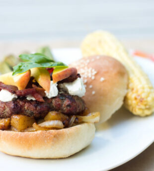 Peach Chutney Burgers with Bacon and Goat Cheese