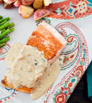 Pan-Crisped Salmon with Light Garlic Dijon Cream Sauce