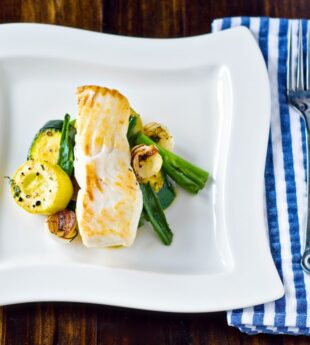 Seared Halibut with Summer Vegetable Sauté